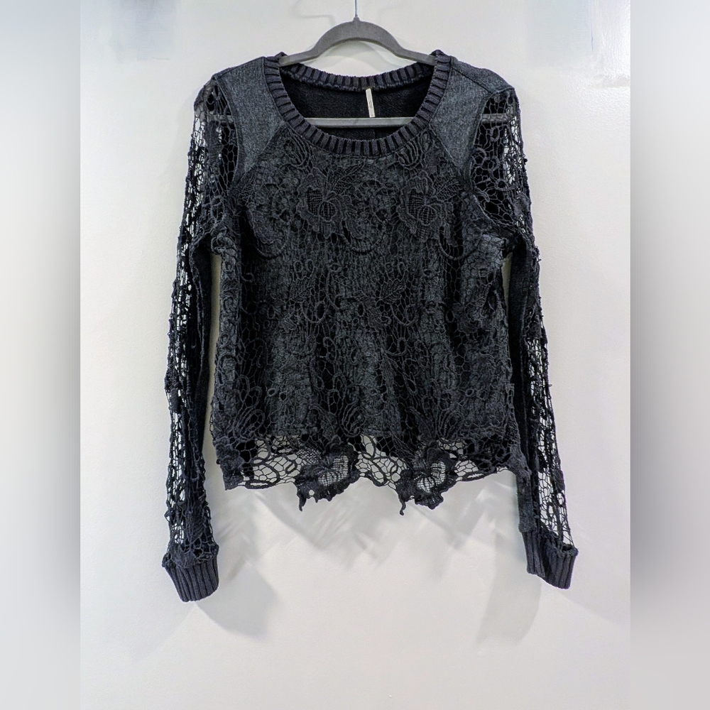 Free People Dark Grey Crochet Open Back Top